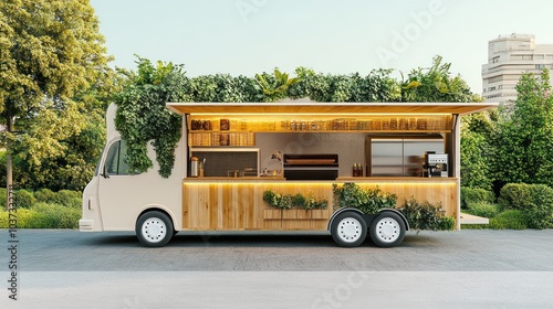 Modern food truck with eco-friendly materials, displayed on a white background.