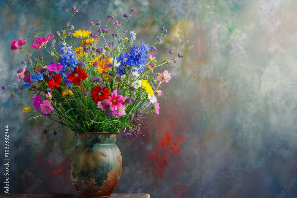 A beautiful arrangement of various wildflowers in a rustic vase sits on a wooden table, illuminated by soft light, contrasting with a colorful, textured backdrop A beautiful arrangement of various wildflowers in a rustic vase sits on a wooden table, illuminated by soft light, contrasting with a colorful, textured backdrop