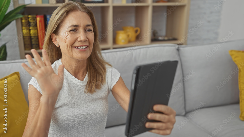Smiling middle-aged woman video-calling using a tablet in a cozy living room. Smiling middle-aged woman video-calling using a tablet in a cozy living room.