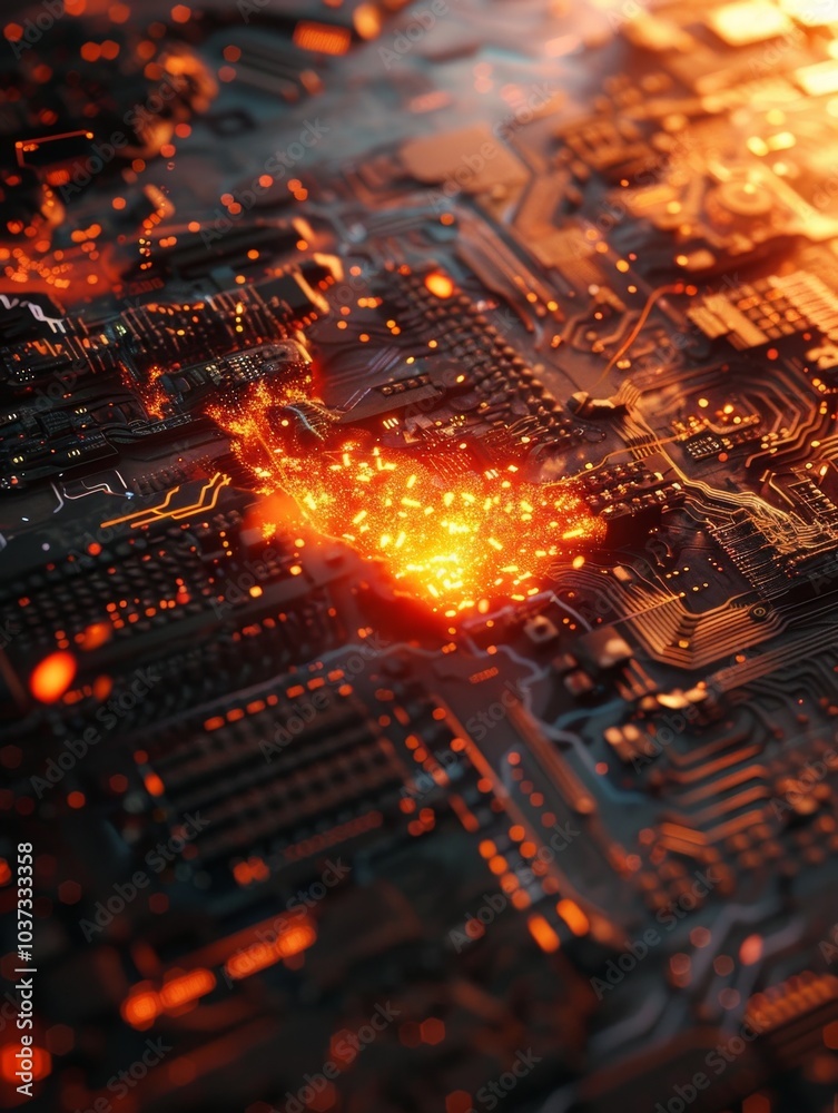 A close up of a computer chip with a bright orange center A close up of a computer chip with a bright orange center