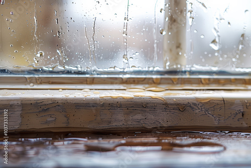 Rain falls steadily outside, creating a soothing sound as droplets slide down the glass. Puddles gather on the wooden sill, enhancing the tranquil atmosphere of the day photo