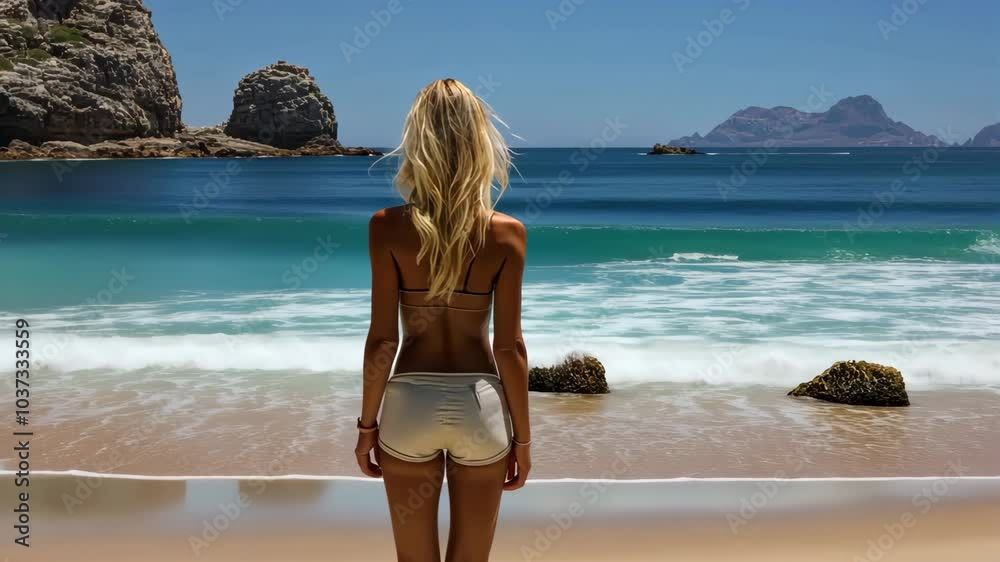 Tourist admiring ocean waves gently crashing on beach Tourist admiring ocean waves gently crashing on beach
