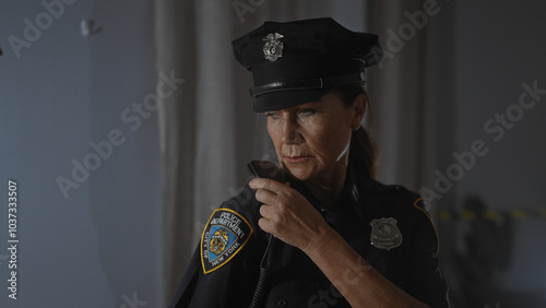 Bild auf Leinwand A serious middle-aged female police officer communicating on radio inside an apa