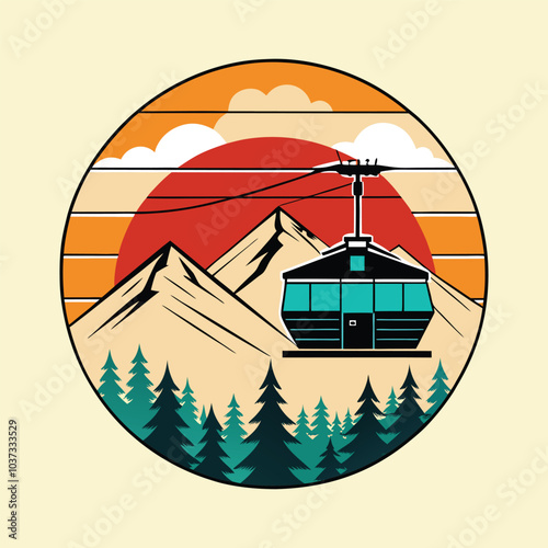 Retro Ski Lodge with Mountain Lift Silhouette | Vintage-Style Vector Art for T-Shirt Design