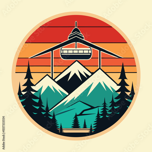 Retro Ski Lodge with Mountain Lift Silhouette | Vintage-Style Vector Art for T-Shirt Design