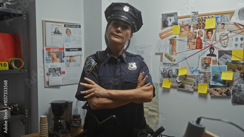 A middle-aged policewoman with arms crossed stands confidently in a detective's room, surrounded by investigation evidence. photo