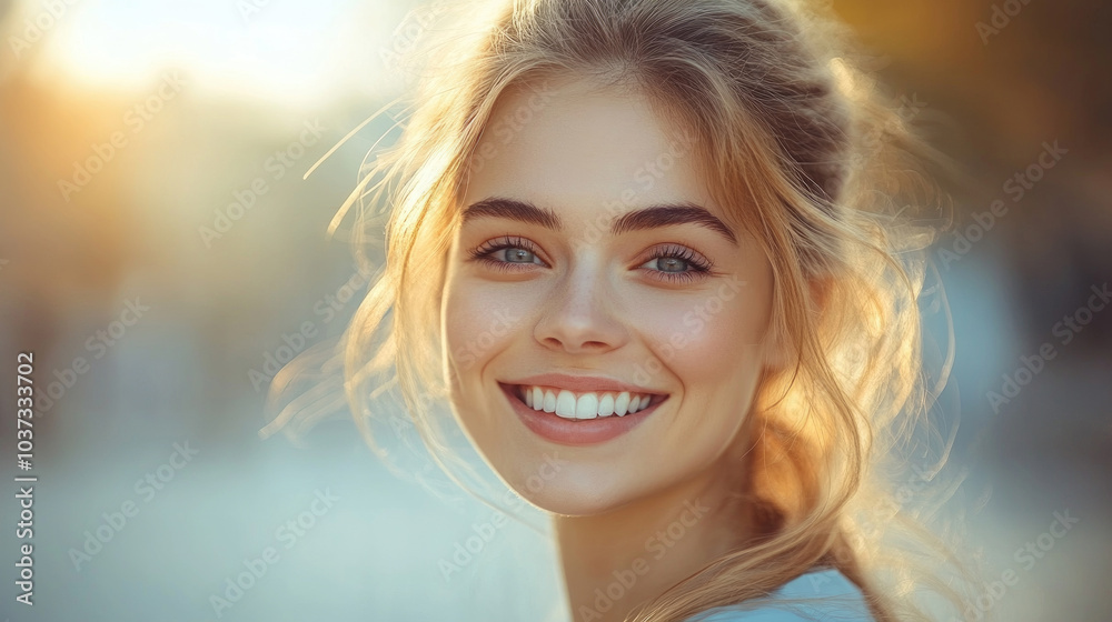 A cheerful young woman with golden hair beams with happiness, enjoying a warm sunset in a picturesque outdoor location A cheerful young woman with golden hair beams with happiness, enjoying a warm sunset in a picturesque outdoor location