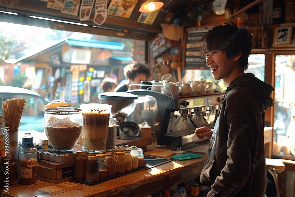 A young man enjoys preparing coffee at a cozy café during a sunny afternoon in a vibrant neighborhood A young man enjoys preparing coffee at a cozy café during a sunny afternoon in a vibrant neighborhood