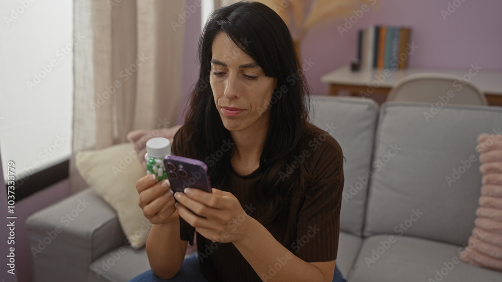 Woman holding phone and medication bottle while sitting on sofa in cozy living room, looking focused. Woman holding phone and medication bottle while sitting on sofa in cozy living room, looking focused.