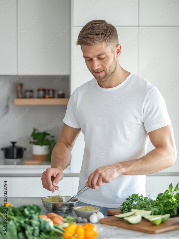 A man in a casual shirt is joyfully preparing a meal in a bright kitchen, showcasing his culinary skills with fresh vegetables and seasoning. A man in a casual shirt is joyfully preparing a meal in a bright kitchen, showcasing his culinary skills with fresh vegetables and seasoning.