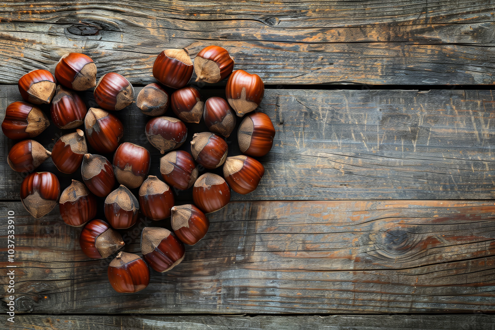 Obraz premium A collection of chestnuts is creatively laid out in the shape of a heart on weathered wood, reflecting autumn's warm tones and natural beauty