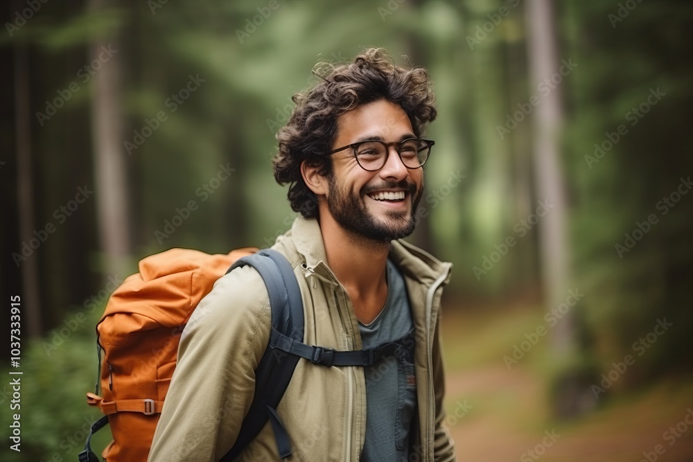Portrait of a smiling young man with backpack standing in the forest Portrait of a smiling young man with backpack standing in the forest