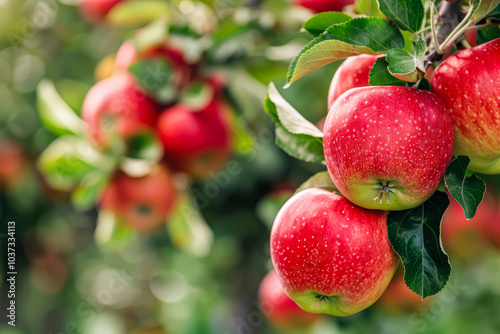 Bunch of red apples hanging from a tree. The apples are shiny and ripe. Concept of abundance and freshness