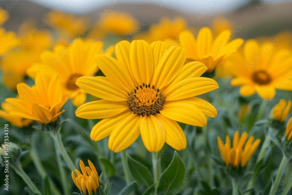 Vibrant yellow daisies bloom in a lush garden during early spring in a scenic landscape Vibrant yellow daisies bloom in a lush garden during early spring in a scenic landscape