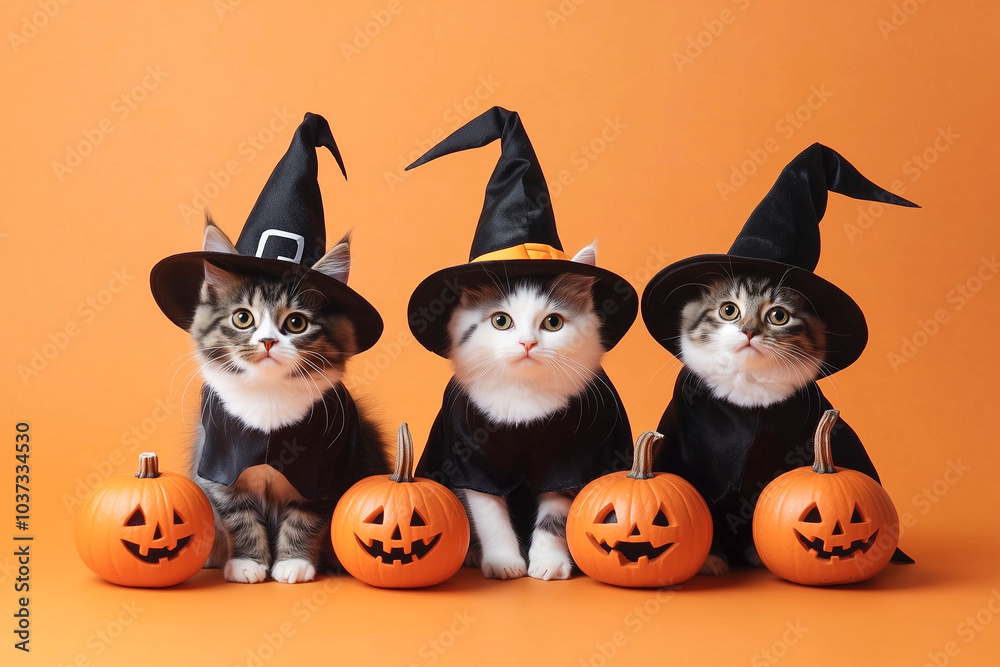 Three kittens in witch hats with pumpkins on an orange background. Copy space. Festive Halloween background. Three kittens in witch hats with pumpkins on an orange background. Copy space. Festive Halloween background.
