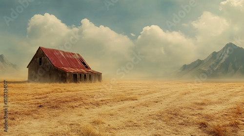 An old farmhouse sits alone in a drought stricken field beneath sweeping clouds