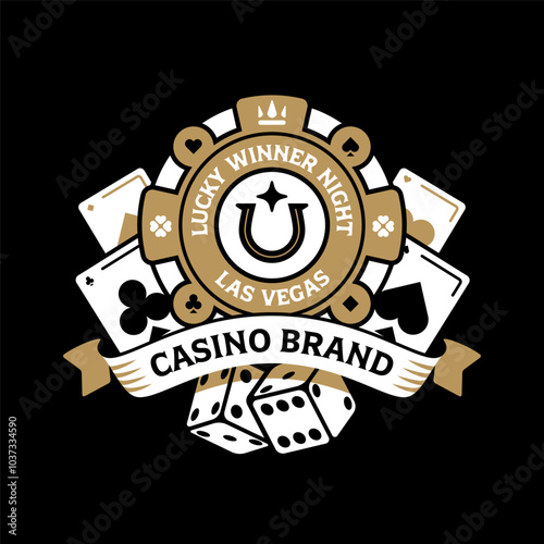 Casino badge logo design with chip cards and dice icons. Detailed gambling illustrations. replaceable text.