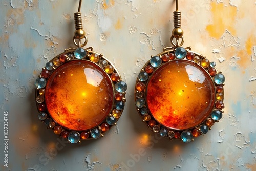 Vibrant amber earrings with celestial design on textured background photo