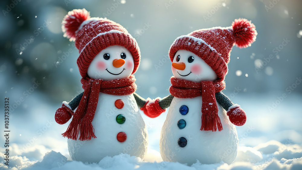 Whimsical, festive winter scene, featuring two cute snowman with colorful hats and scarves, standing on soft snow in a magical winter wonderland Whimsical, festive winter scene, featuring two cute snowman with colorful hats and scarves, standing on soft snow in a magical winter wonderland
