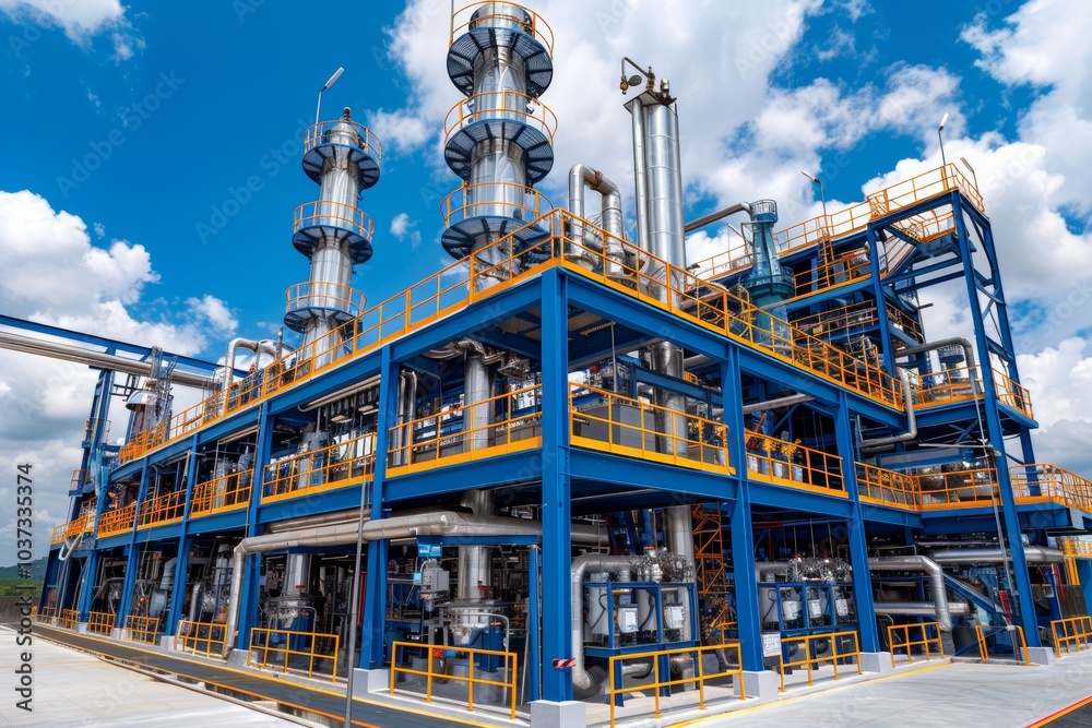 Fototapeta premium Industrial facility featuring large cooling towers, pipes, and bright blue infrastructure under a clear sky