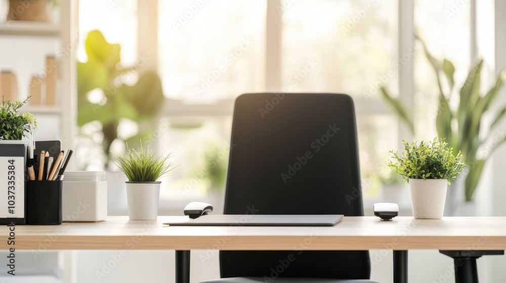 Fototapeta premium A modern office space featuring sleek desk, an ergonomic chair, and decorative plants, creating serene and productive atmosphere. natural light enhances inviting ambiance
