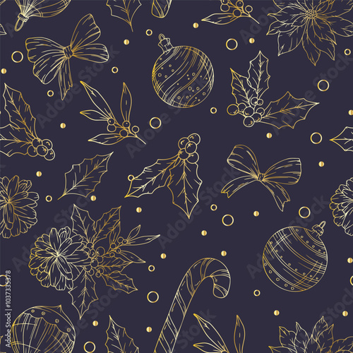 Hand Drawn Christmas Background. Christmas Seamless Pattern with Trendy Greenery. Christmas Line Art. Winter greenery seamless pattern. Christmas pattern for luxury wallpapers, textile,  cards, labels