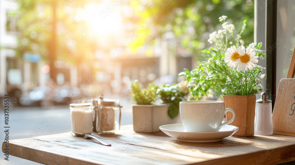 A serene cafe scene featuring white cup on wooden table, surrounded by fresh herbs and flowers, illuminated by warm sunlight. atmosphere is inviting and peaceful A serene cafe scene featuring white cup on wooden table, surrounded by fresh herbs and flowers, illuminated by warm sunlight. atmosphere is inviting and peaceful