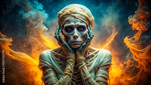 Mummified Woman in Despair Against Bright Background - Panoramic Photography