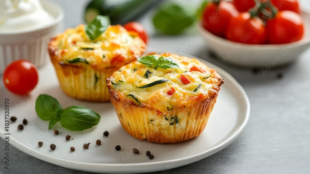 Two savory zucchini muffins on a white plate with fresh basil, black peppercorns, cherry tomatoes, and a small bowl of sour cream. Two savory zucchini muffins on a white plate with fresh basil, black peppercorns, cherry tomatoes, and a small bowl of sour cream.