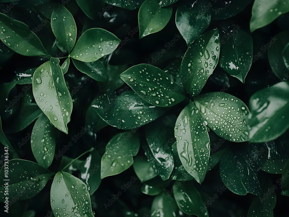 Fototapeta premium Fresh Green Leaves with Water Droplets Close-Up