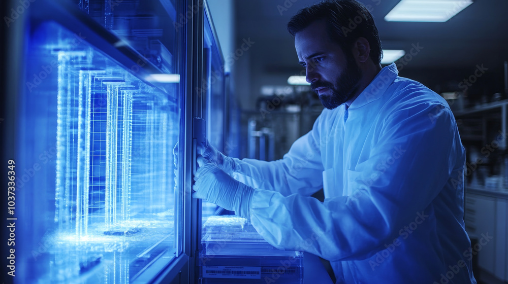 Fototapeta premium A focused scientist in lab coat examines advanced technology in high tech laboratory, showcasing innovation and dedication to research