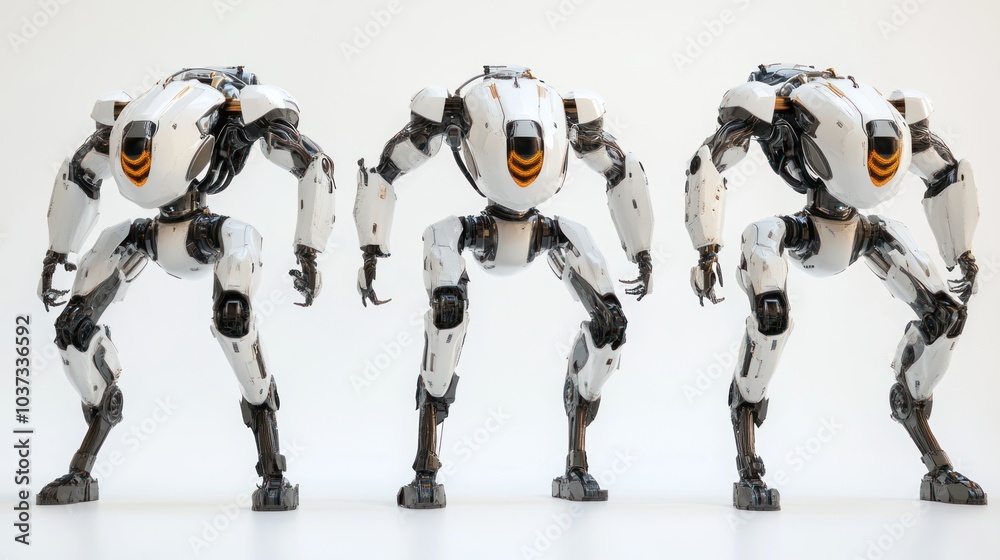 Robotic creatures with lifelike features and advanced movement, isolated on a clean white background. Robotic creatures with lifelike features and advanced movement, isolated on a clean white background.