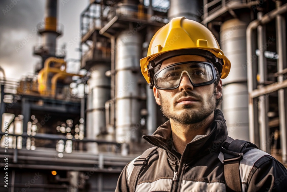 Worker in Protective Standing at Oil Refinery generative ai