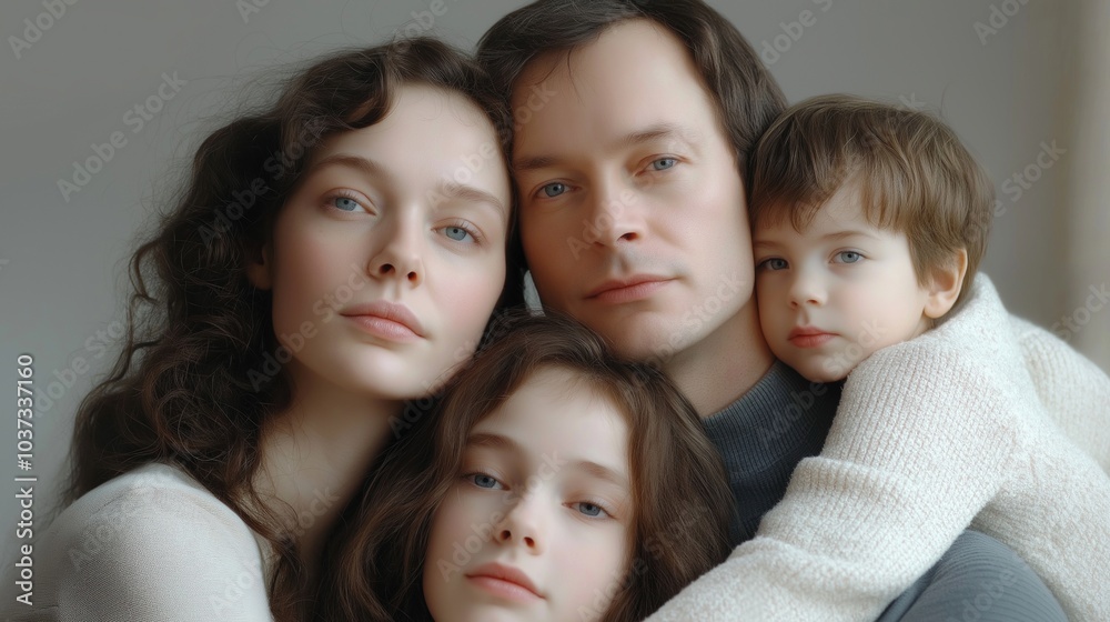 Close-up family portrait with soft lighting and tender expressions Close-up family portrait with soft lighting and tender expressions
