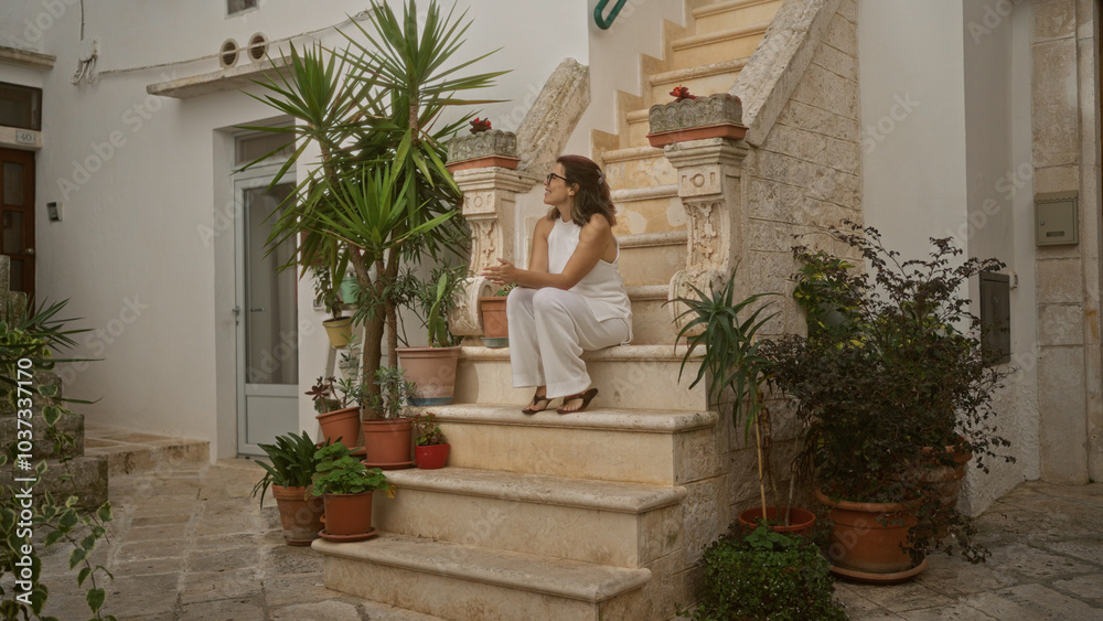 Fototapeta premium A young beautiful hispanic woman sitting on the stone steps surrounded by plants in the charming old town of locorotondo, puglia, italy, capturing the essence of european street life.