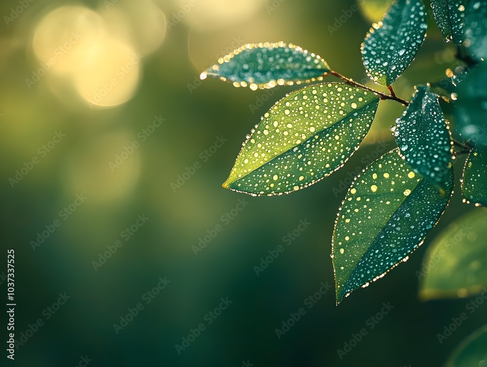Close-up of fresh green leaves covered with water droplets, illuminated by sunlight. This image captures the beauty of nature and the essence of life. Close-up of fresh green leaves covered with water droplets, illuminated by sunlight. This image captures the beauty of nature and the essence of life.
