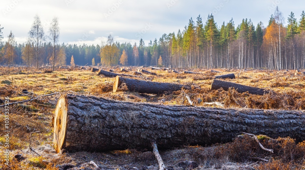 Cleared forest area shows fallen tree trunks amidst untouched nature during morning light Cleared forest area shows fallen tree trunks amidst untouched nature during morning light