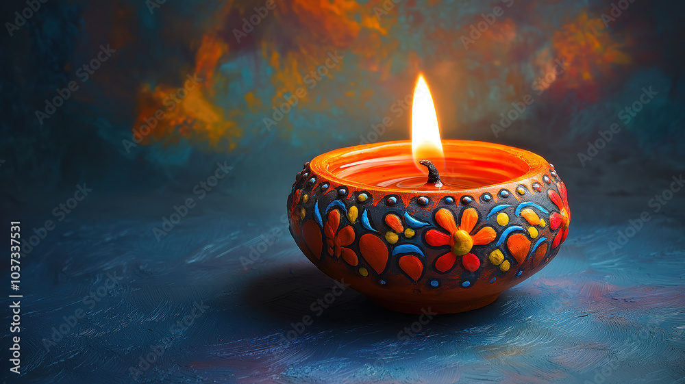 Ceramic oil lamp diya glowing brightly for Happy Diwali with elegant dark blue background Ceramic oil lamp diya glowing brightly for Happy Diwali with elegant dark blue background