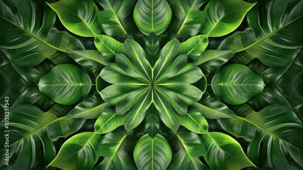 Monstera leaves arranged in a circular pattern, symmetrically layered for a visual effect. Monstera leaves arranged in a circular pattern, symmetrically layered for a visual effect.