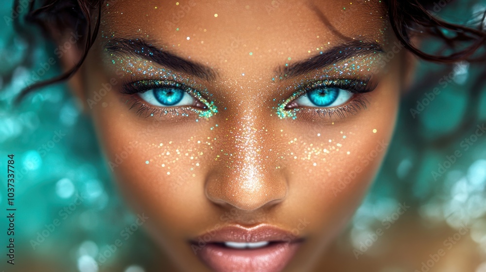 A mesmerizing close-up of a model with stunning turquoise eyes and sparkling skin in a serene aquatic setting A mesmerizing close-up of a model with stunning turquoise eyes and sparkling skin in a serene aquatic setting