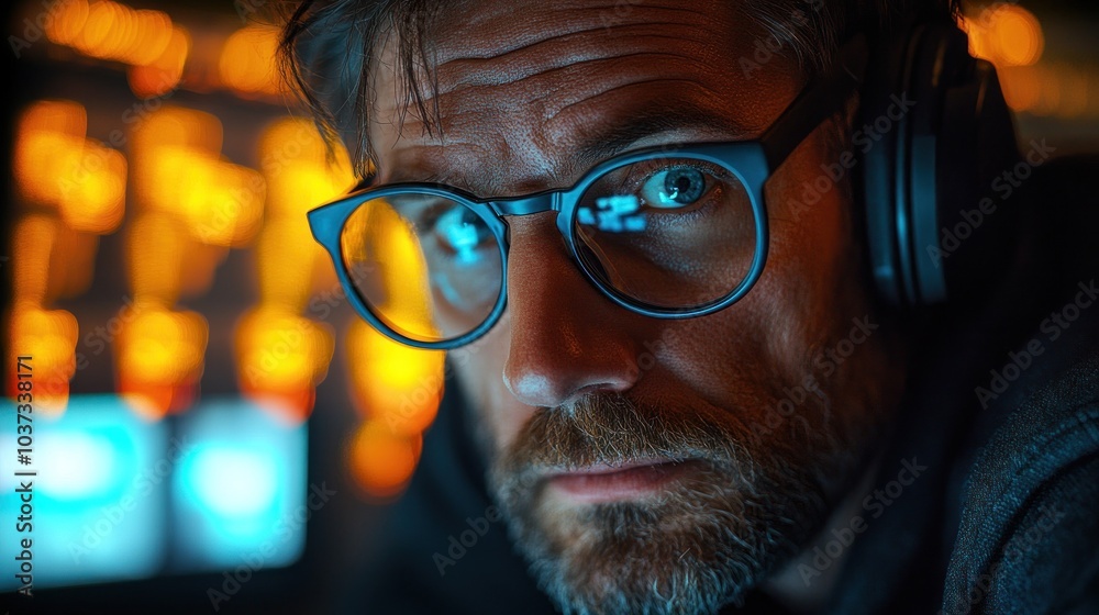 Man Wearing Glasses and Headphones Looking at Camera Man Wearing Glasses and Headphones Looking at Camera