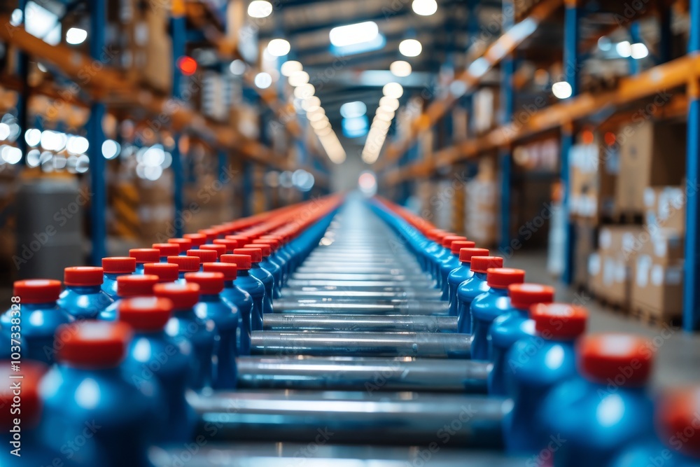 Fototapeta premium Rows of blue bottles on a conveyor belt in a busy warehouse during the day, highlighting a bustling distribution process