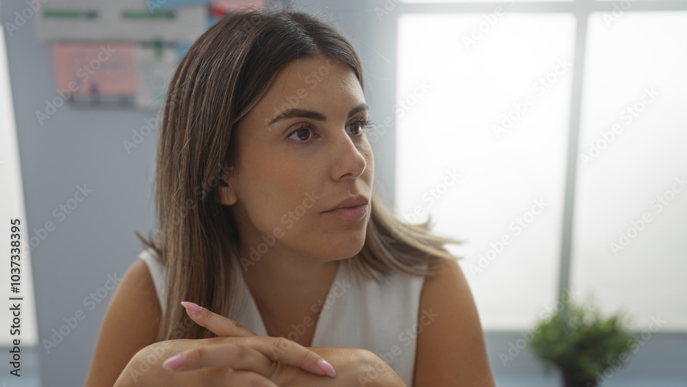 Young, beautiful, brunette, woman, indoors, office, workplace, room, attentive, focused Young, beautiful, brunette, woman, indoors, office, workplace, room, attentive, focused