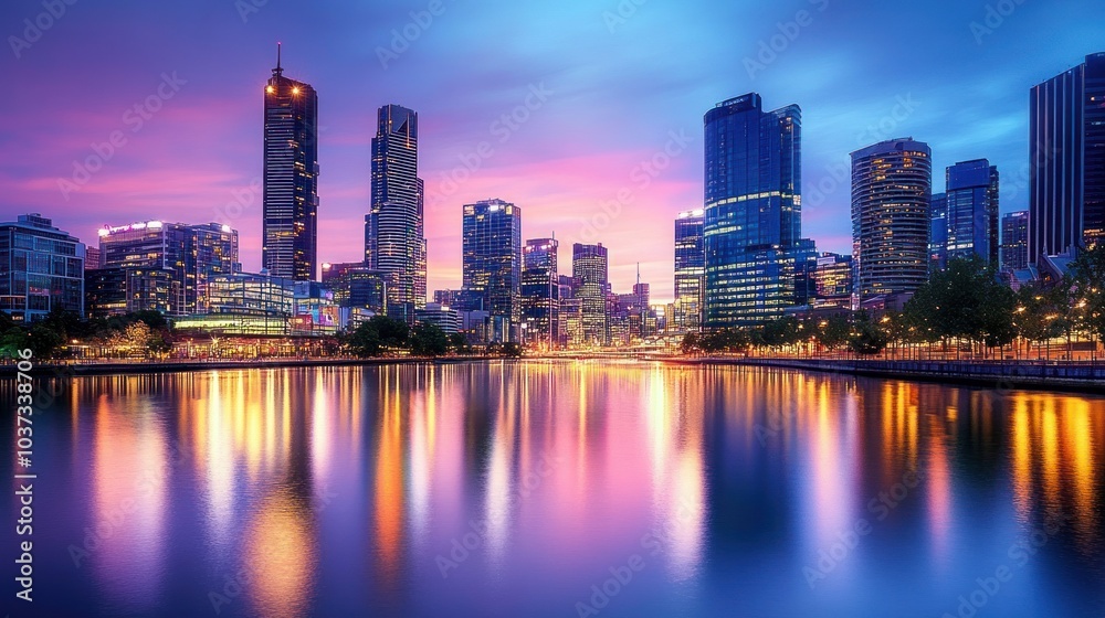 Fototapeta premium Vibrant cityscape at dusk, showcasing skyscrapers and urban lights reflecting in the calm waters of the river below.