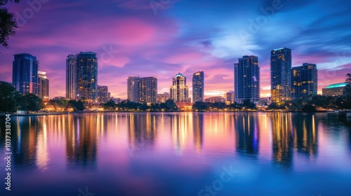 Vibrant cityscape at dusk, showcasing skyscrapers and urban lights reflecting in the calm waters of the river below.