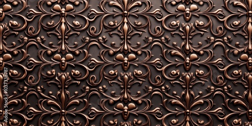 Ornate bronze panel with an intricate repeating floral pattern, showcasing detailed craftsmanship and rich metallic textures, perfect for vintage or decorative design themes, selective focus