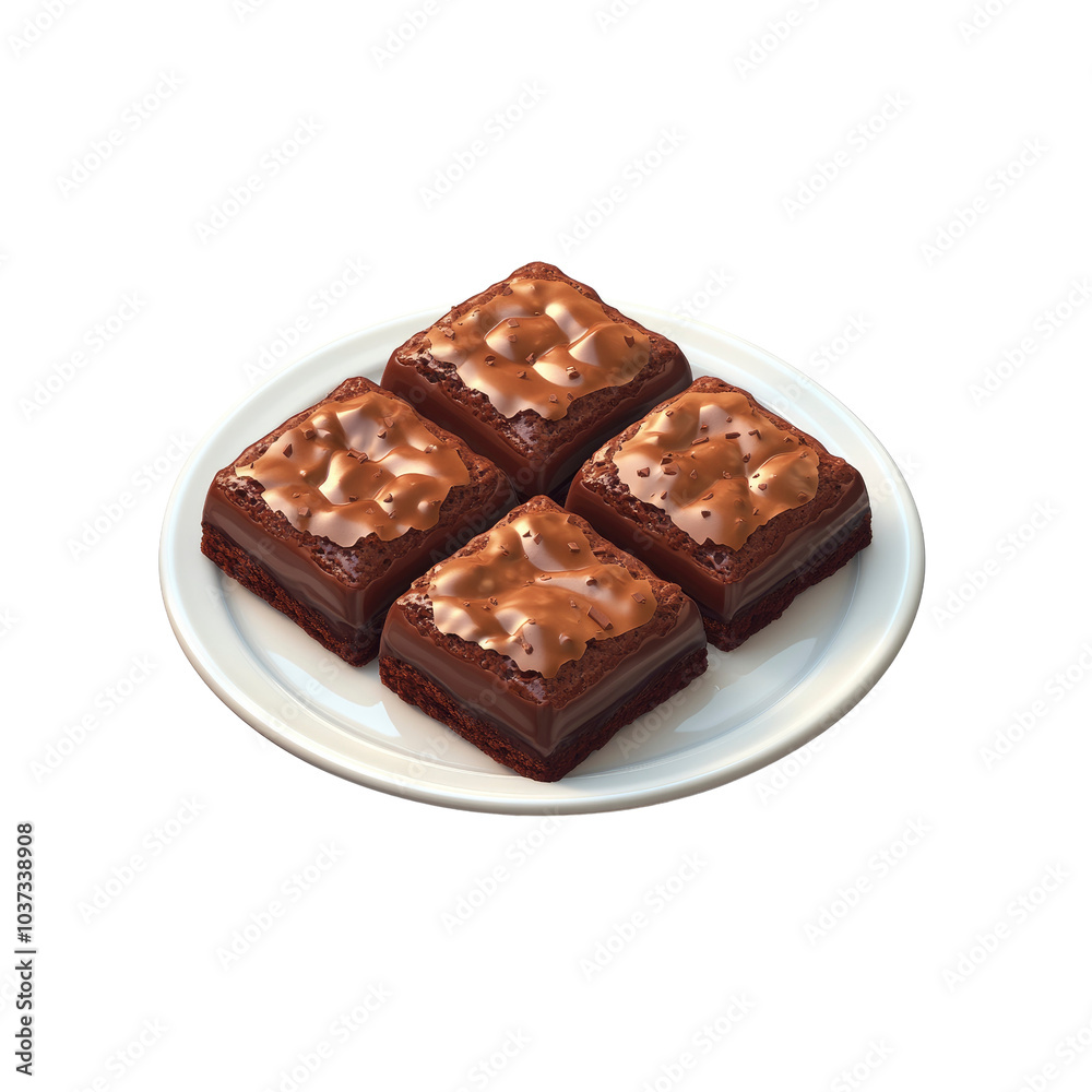Four Chocolate Brownies with Caramel Topping on a White Plate Four Chocolate Brownies with Caramel Topping on a White Plate