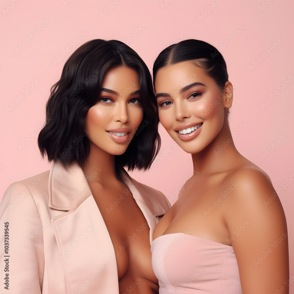 two beautiful models with short hair wawy posing as models professional photo shooting against studio neutral background two beautiful models with short hair wawy posing as models professional photo shooting against studio neutral background