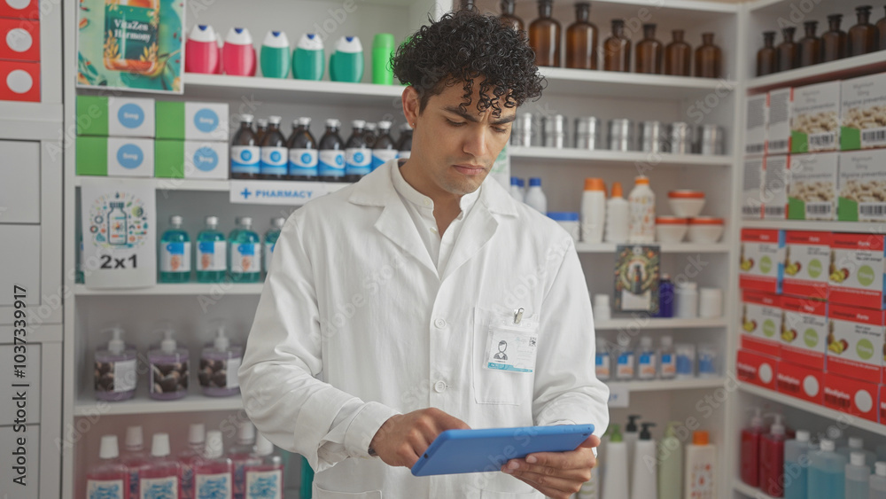 Hispanic man in white coat using tablet inside modern pharmacy surrounded by medication shelves