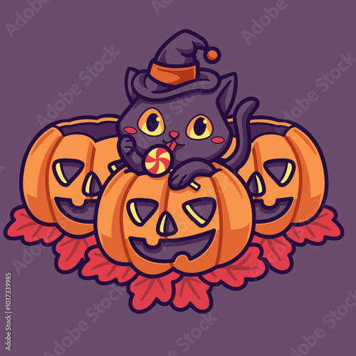 illustration cat o lantern, a cat in a pumpkin is eating candy while wearing a witch's hat which depicts the atmosphere of Halloween. With 2 other pumpkins as decoration. Suitable for stickers.